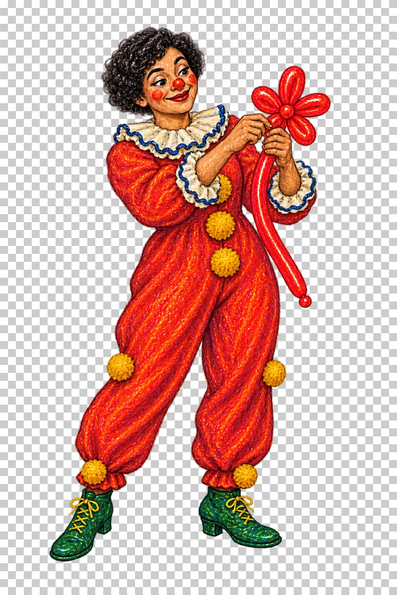 A fictional adult female clown in a vermilion costume twisting a balloon flower.