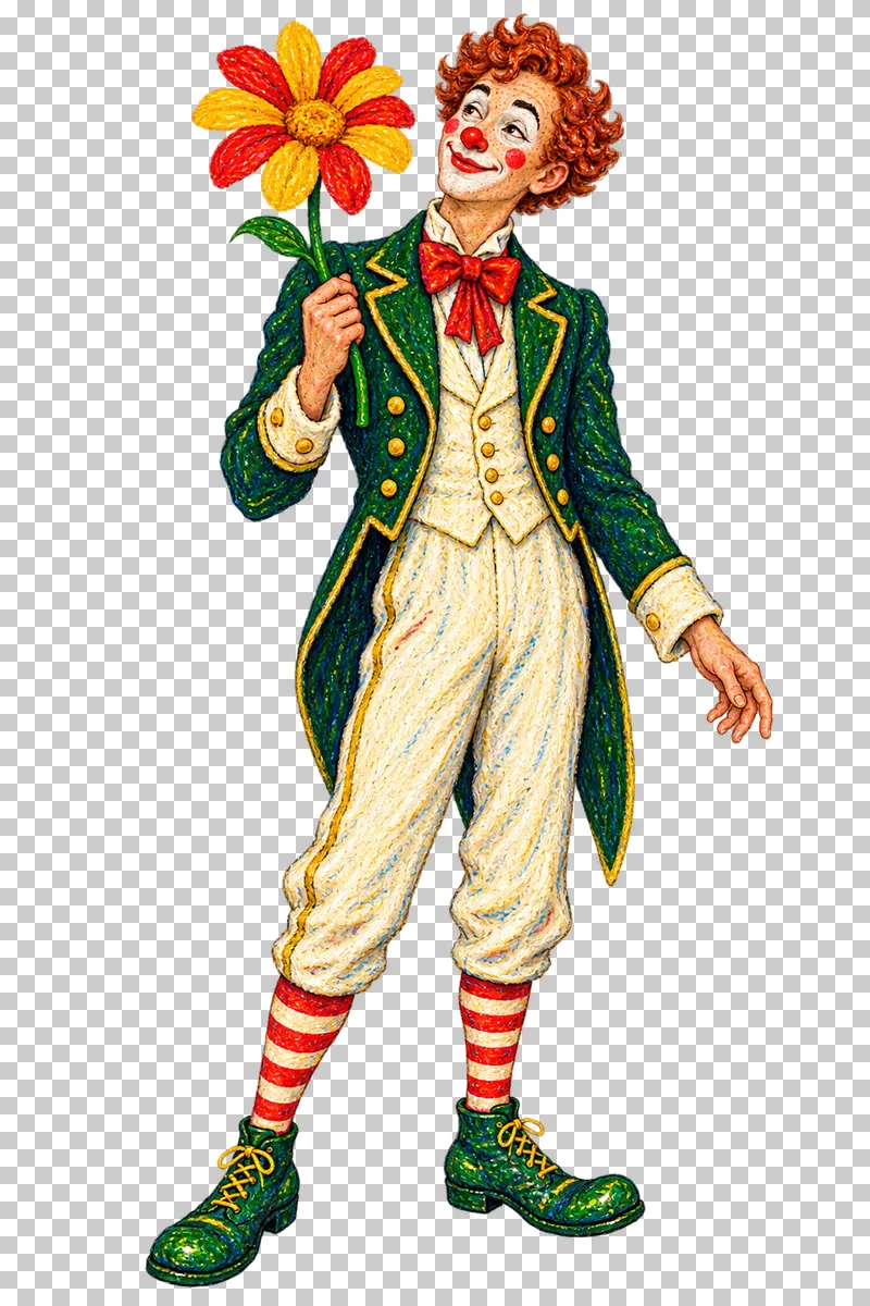 A fictional adult clown in a green tailcoat holding a large colorful flower.
