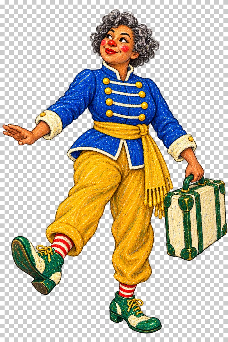 A fictional adult female clown in a cobalt jacket carrying a cream suitcase in a comic stepping pose.