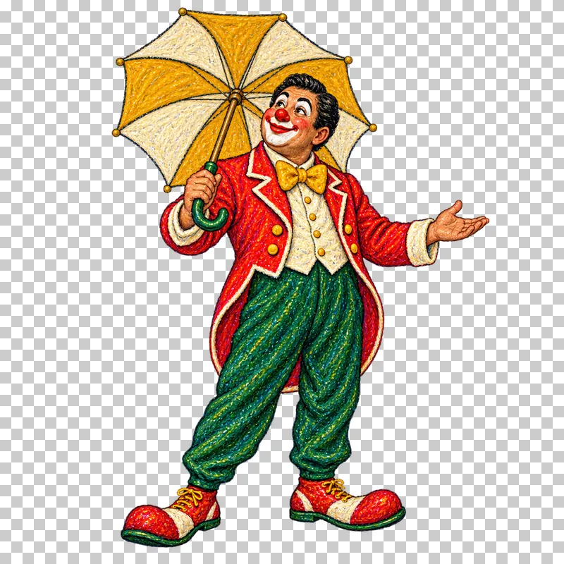 A fictional adult clown in a vermilion jacket holding an open mustard umbrella.