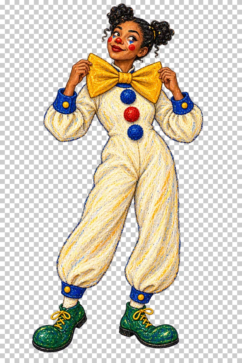A fictional adult female clown in a cream costume adjusting an oversized mustard bow tie.
