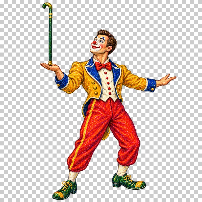 A fictional adult clown balancing a green cane upright on an open palm.