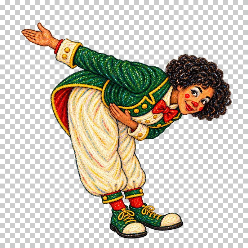 A fictional adult female clown in a green stage jacket making an exaggerated forward bow.
