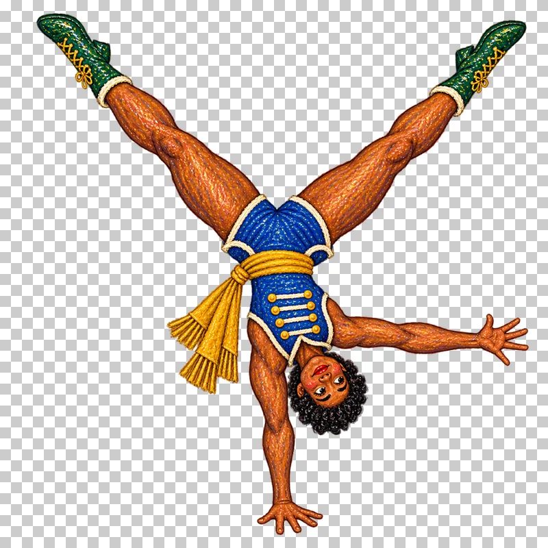A fictional adult female acrobat in a cobalt costume balancing upside down on one hand with raised legs in a V.