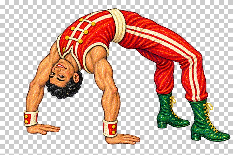 A fictional adult male acrobat in a vermilion striped costume performing a full back bridge on two palms and two feet.
