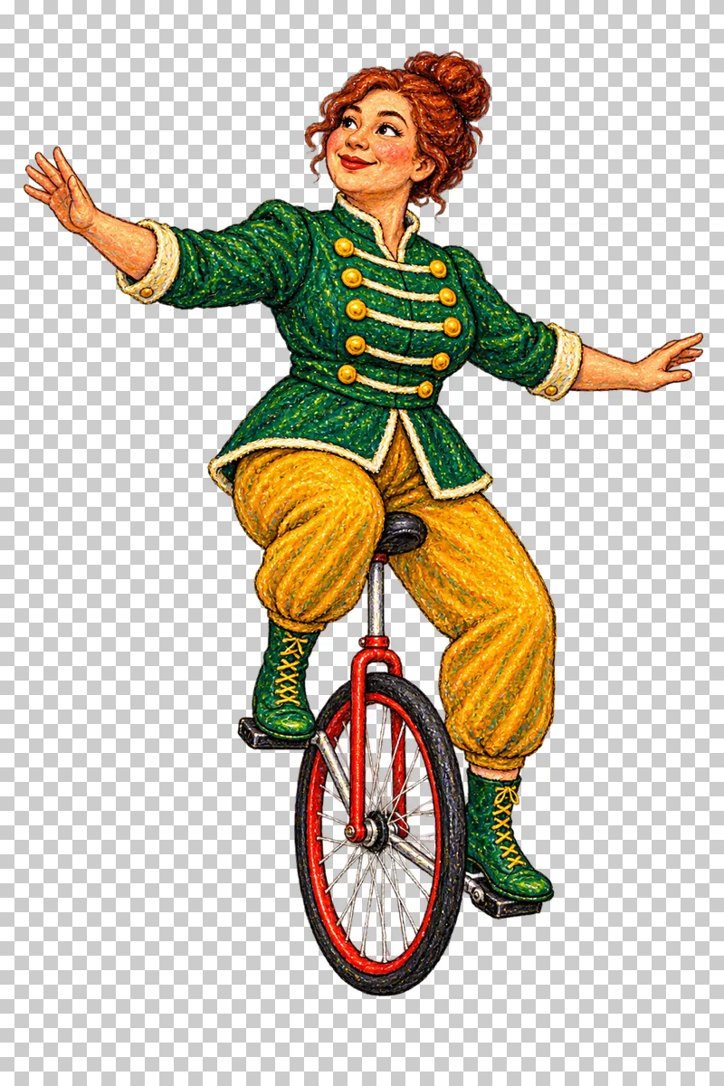 A fictional adult woman in a green jacket and mustard trousers balancing on a complete unicycle.