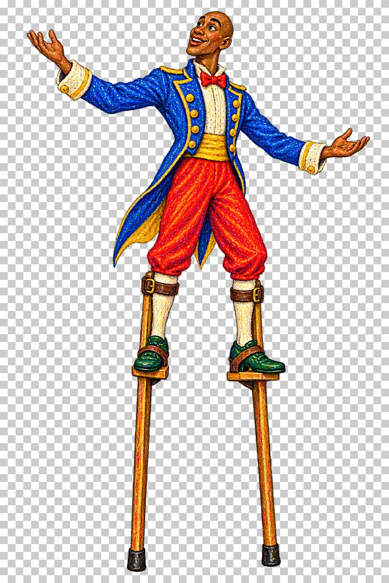 A fictional adult stilt walker in a cobalt jacket and vermilion trousers standing on two strapped wooden stilts.