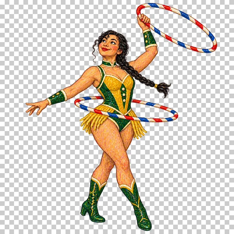 A fictional adult woman in a mustard and green stage costume performing with two colorful hula hoops.