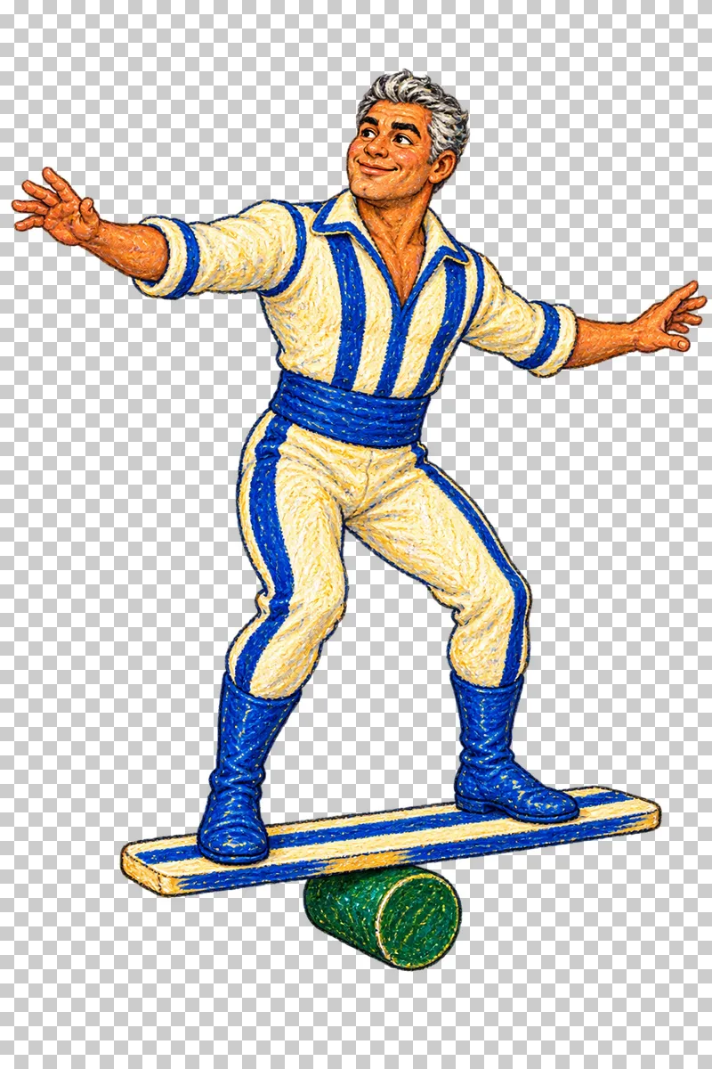 A fictional adult male acrobat in a cobalt and cream costume balancing on a board over a cylindrical rola-bola roller.