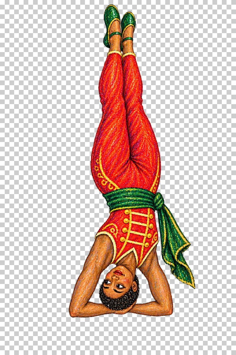 A fictional adult female acrobat in a vermilion costume performing an inverted headstand with forearm support.