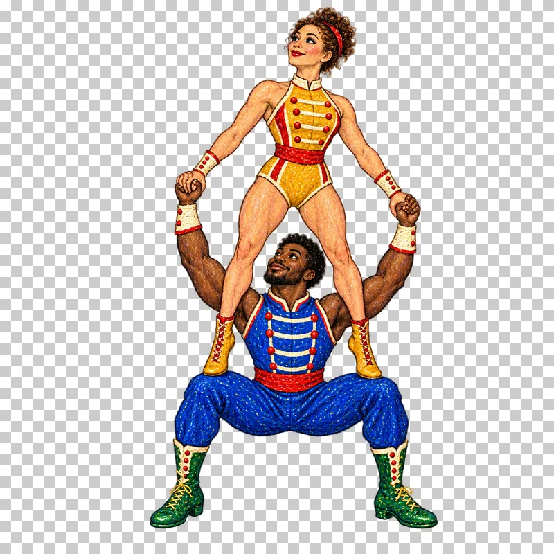 Two fictional adult acrobats in a partner balance, with the female flyer standing on the male base's thighs and both hand pairs joined.