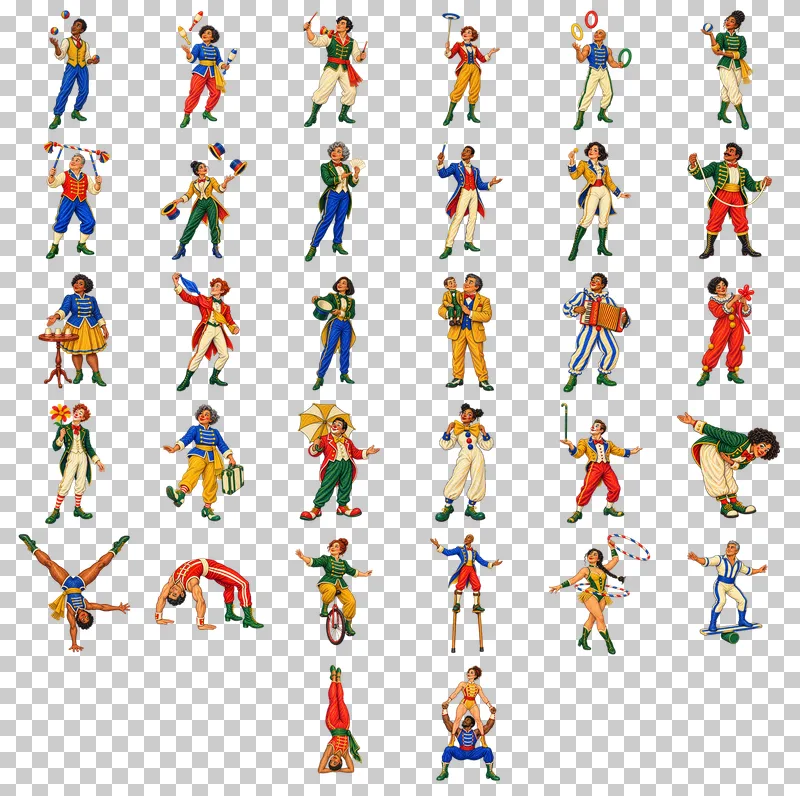 Oil Pastel Circus Performers PNG Collection: all 32 elements in one grid