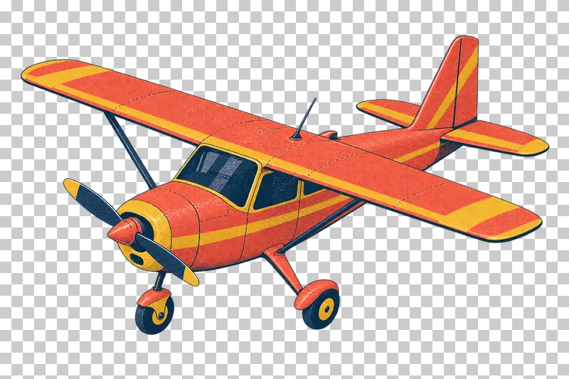 Small high-wing training aircraft with fixed landing gear in a navy, coral and mustard risograph illustration, viewed from slightly above in three-quarter perspective