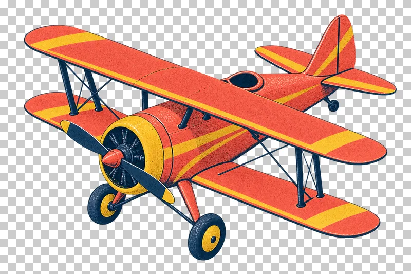 Aerobatic biplane with two complete wing planes and open cockpit in a navy, coral and mustard risograph illustration, viewed from slightly above in three-quarter perspective