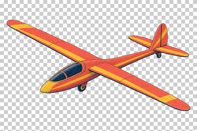 Long-wing sailplane with a streamlined fuselage in a navy, coral and mustard risograph illustration, viewed from slightly above in three-quarter perspective