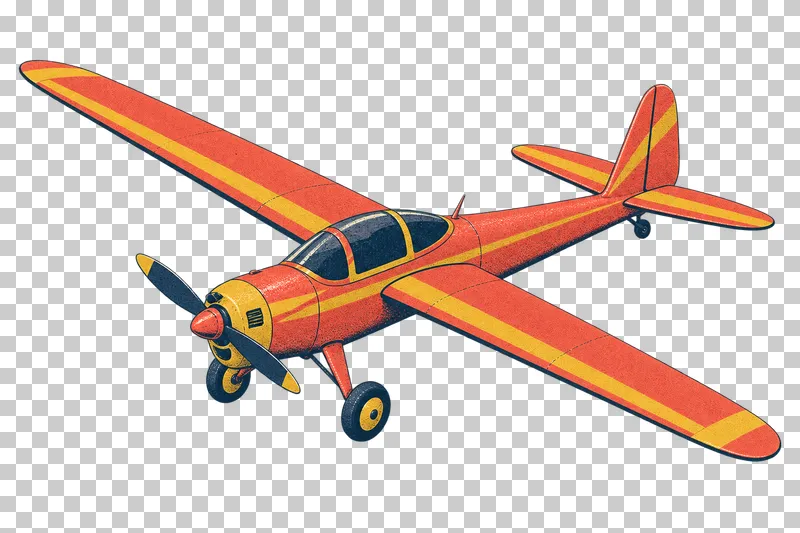 Motor glider with long wings and a nose propeller in a navy, coral and mustard risograph illustration, viewed from slightly above in three-quarter perspective