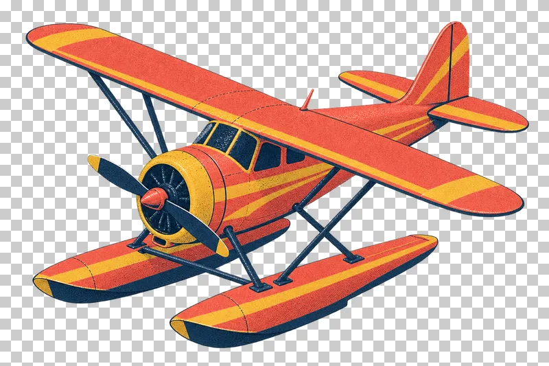 Floatplane supported by two floats in a navy, coral and mustard risograph illustration, viewed from slightly above in three-quarter perspective