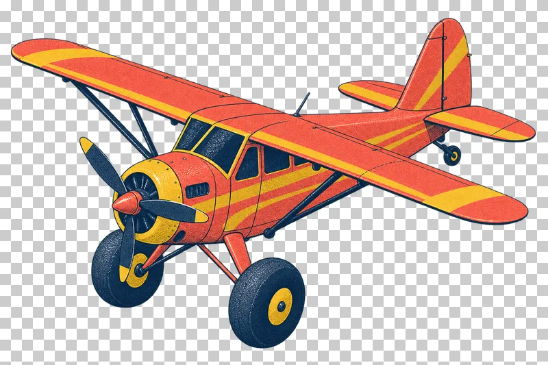 Bush aircraft with oversized landing wheels in a navy, coral and mustard risograph illustration, viewed from slightly above in three-quarter perspective