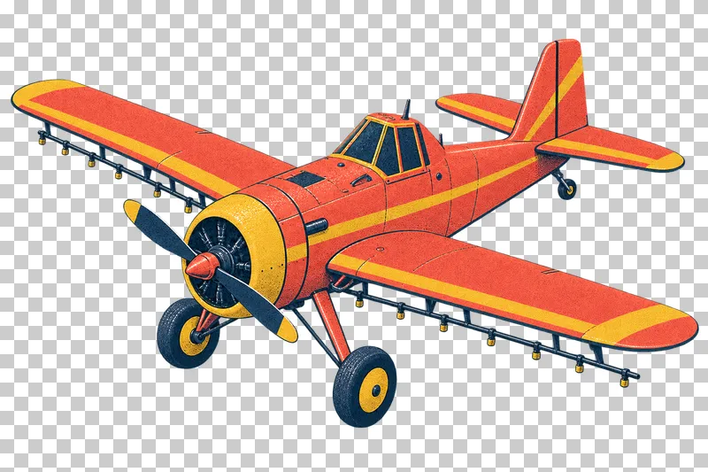 Agricultural aircraft with a low wing and spray equipment in a navy, coral and mustard risograph illustration, viewed from slightly above in three-quarter perspective