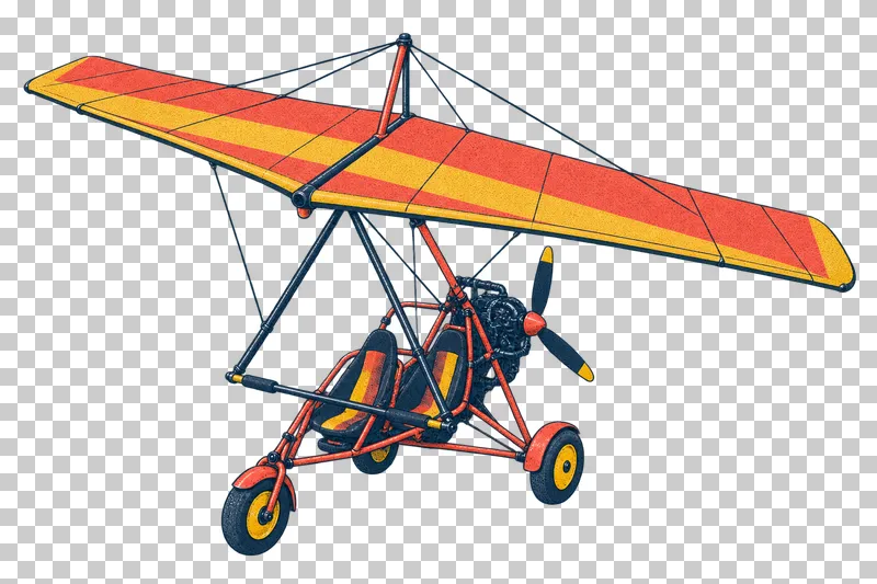 Powered hang glider with a triangular wing and wheeled trike in a navy, coral and mustard risograph illustration, viewed from slightly above in three-quarter perspective