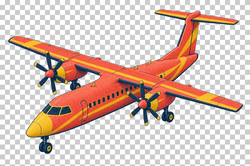Regional turboprop airliner with two propeller engines in a navy, coral and mustard risograph illustration, viewed from slightly above in three-quarter perspective