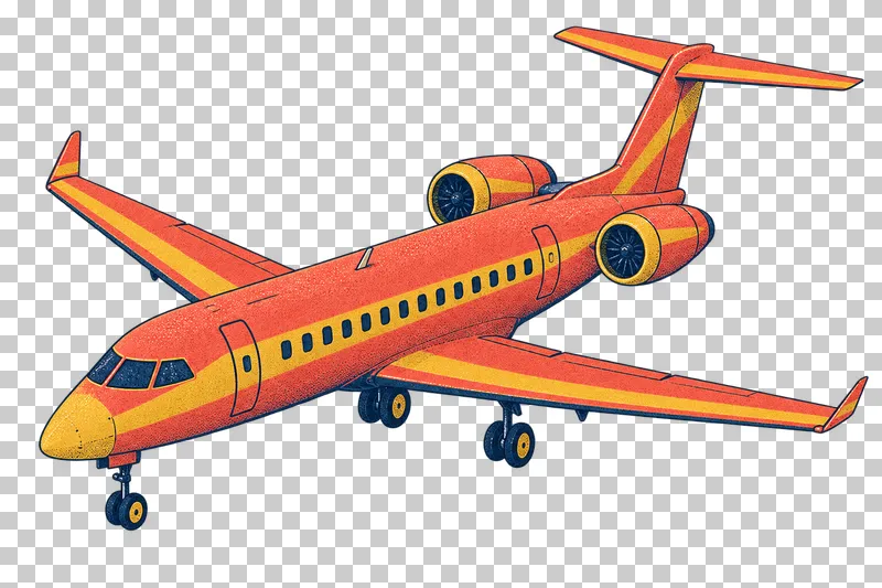 Regional jet with two rear-mounted engines in a navy, coral and mustard risograph illustration, viewed from slightly above in three-quarter perspective
