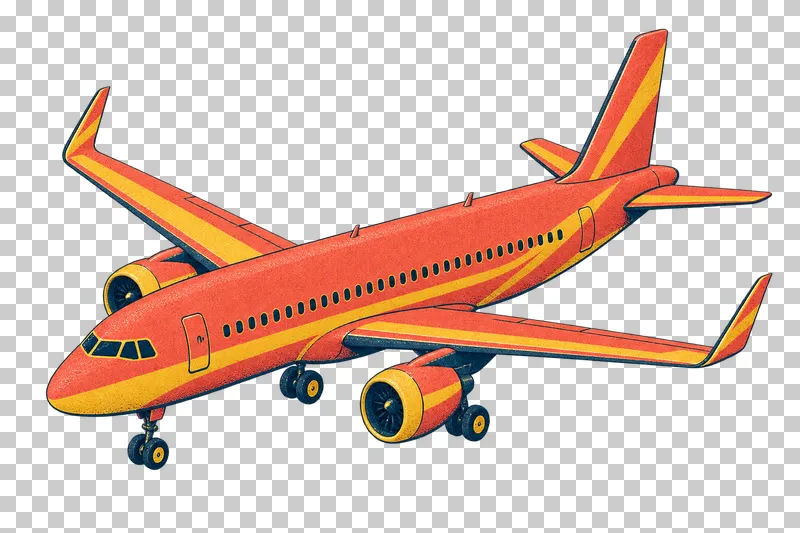 Narrow-body passenger airliner with two underwing engines in a navy, coral and mustard risograph illustration, viewed from slightly above in three-quarter perspective