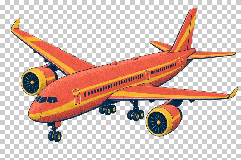 Wide-body passenger airliner with two underwing engines in a navy, coral and mustard risograph illustration, viewed from slightly above in three-quarter perspective