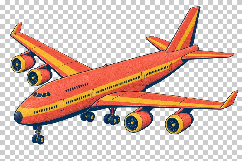 Four-engine passenger airliner in a navy, coral and mustard risograph illustration, viewed from slightly above in three-quarter perspective