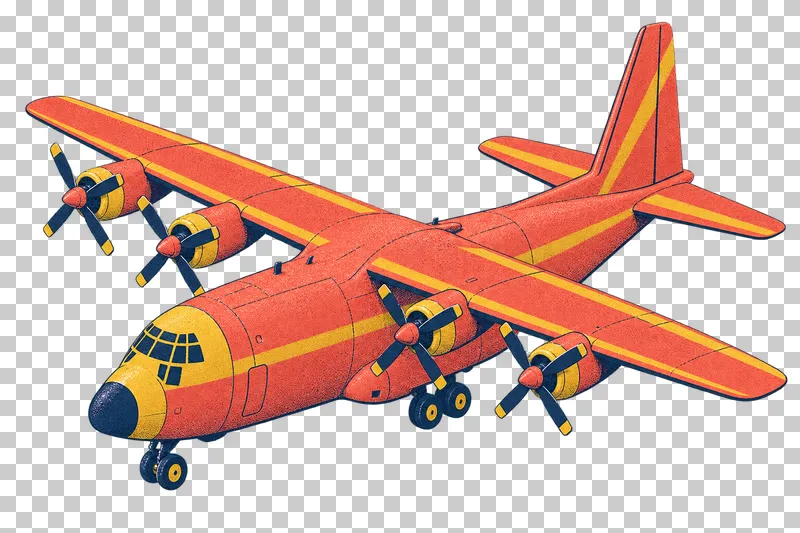 High-wing cargo aircraft with four propeller engines in a navy, coral and mustard risograph illustration, viewed from slightly above in three-quarter perspective