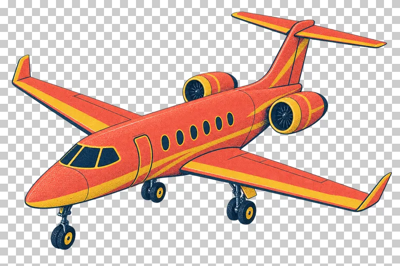 Business jet with rear-mounted engines in a navy, coral and mustard risograph illustration, viewed from slightly above in three-quarter perspective