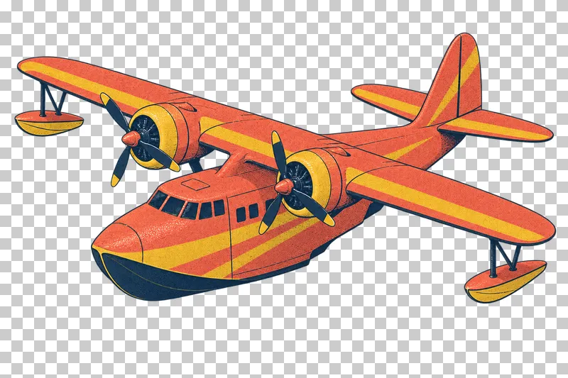 Flying boat with a boat-shaped fuselage in a navy, coral and mustard risograph illustration, viewed from slightly above in three-quarter perspective