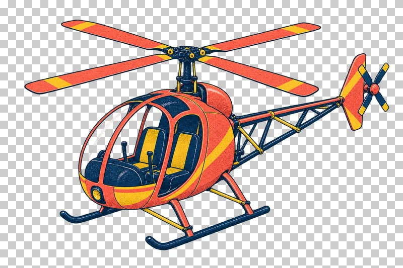 Two-seat light helicopter with complete four-blade main and tail rotors in a navy, coral and mustard risograph illustration, viewed from slightly above in three-quarter perspective