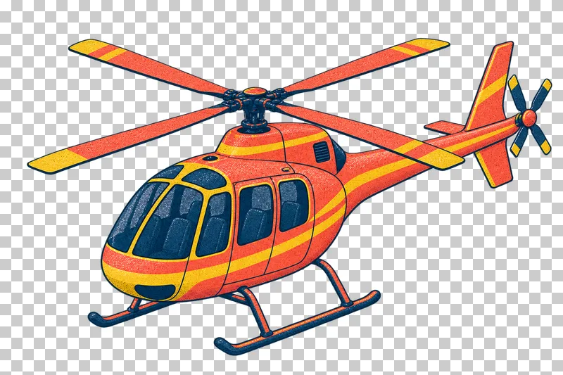 Small passenger helicopter with complete four-blade main and tail rotors in a navy, coral and mustard risograph illustration, viewed from slightly above in three-quarter perspective