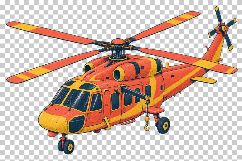 Rescue helicopter with an external hoist in a navy, coral and mustard risograph illustration, viewed from slightly above in three-quarter perspective