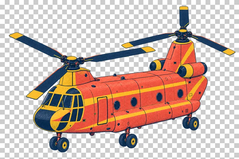 Heavy tandem-rotor helicopter with two complete three-blade rotors in a navy, coral and mustard risograph illustration, viewed from slightly above in three-quarter perspective
