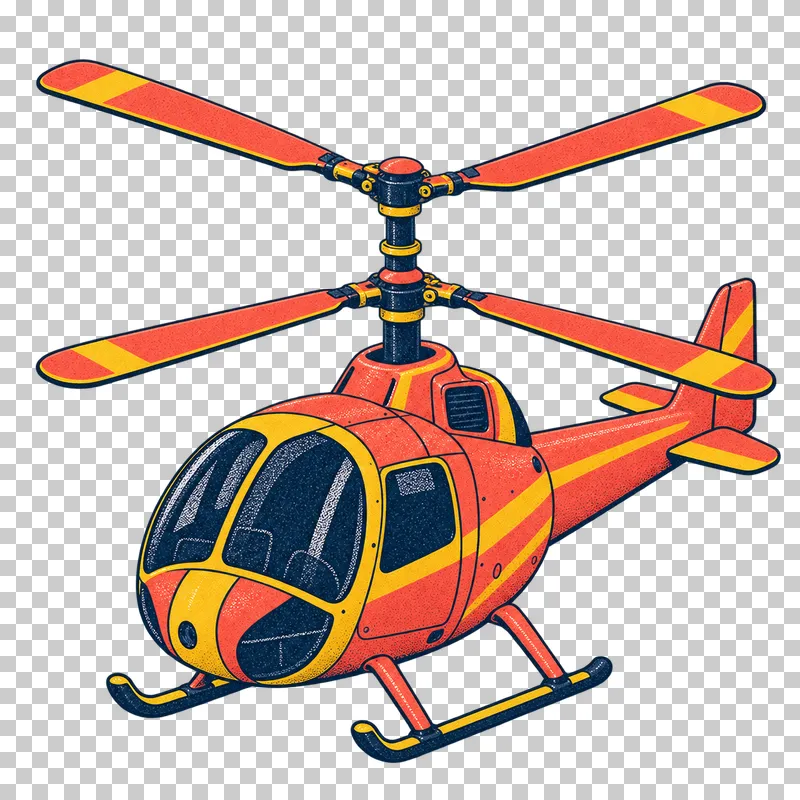 Coaxial helicopter with two stacked two-blade main rotors in a navy, coral and mustard risograph illustration, viewed from slightly above in three-quarter perspective