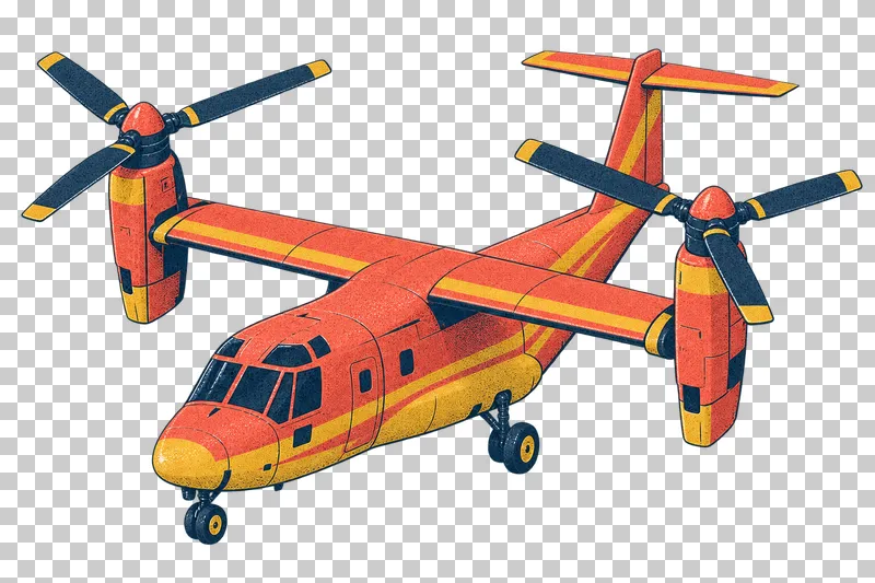 Tiltrotor aircraft with two tilting propeller nacelles in a navy, coral and mustard risograph illustration, viewed from slightly above in three-quarter perspective