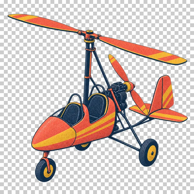 Autogyro with a stationary overhead rotor and rear propeller in a navy, coral and mustard risograph illustration, viewed from slightly above in three-quarter perspective
