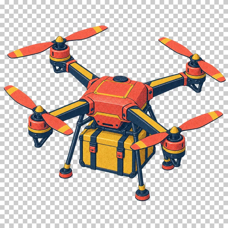 Cargo quadcopter with four two-blade propellers and a suspended cargo box in a navy, coral and mustard risograph illustration, viewed from slightly above in three-quarter perspective