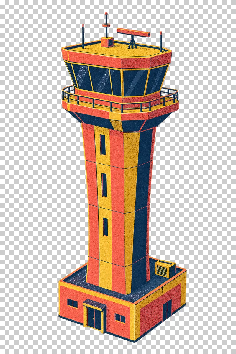 Airport control tower with a glazed observation cabin in a navy, coral and mustard risograph illustration, viewed from slightly above in three-quarter perspective