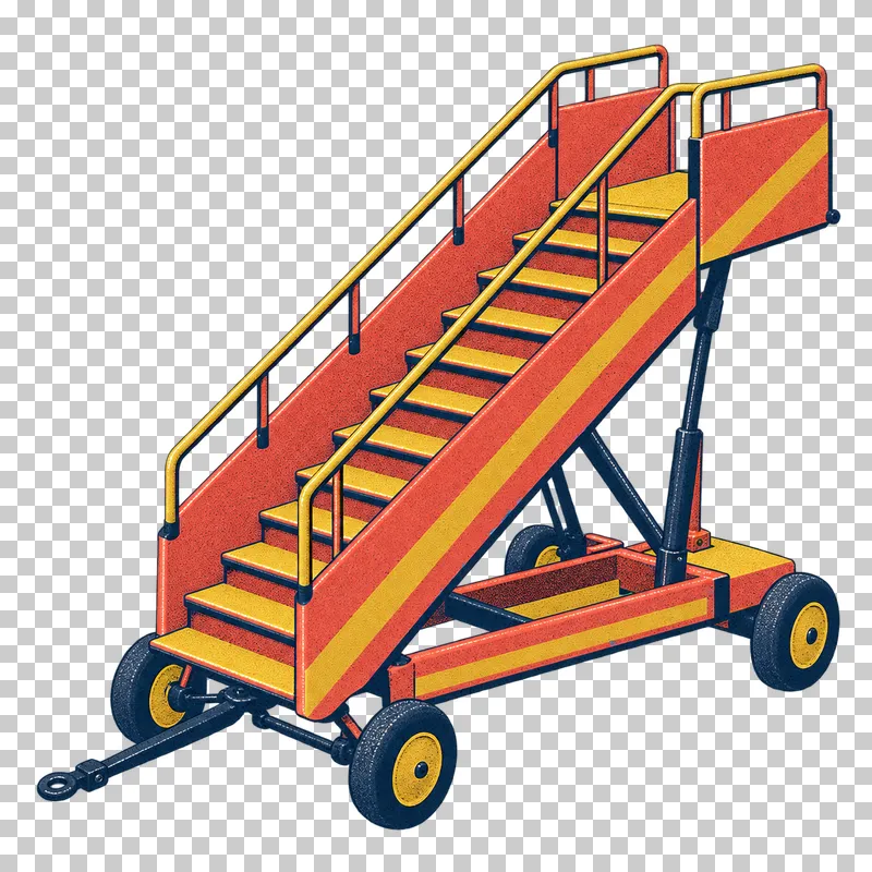 Mobile passenger stairs on a wheeled chassis in a navy, coral and mustard risograph illustration, viewed from slightly above in three-quarter perspective