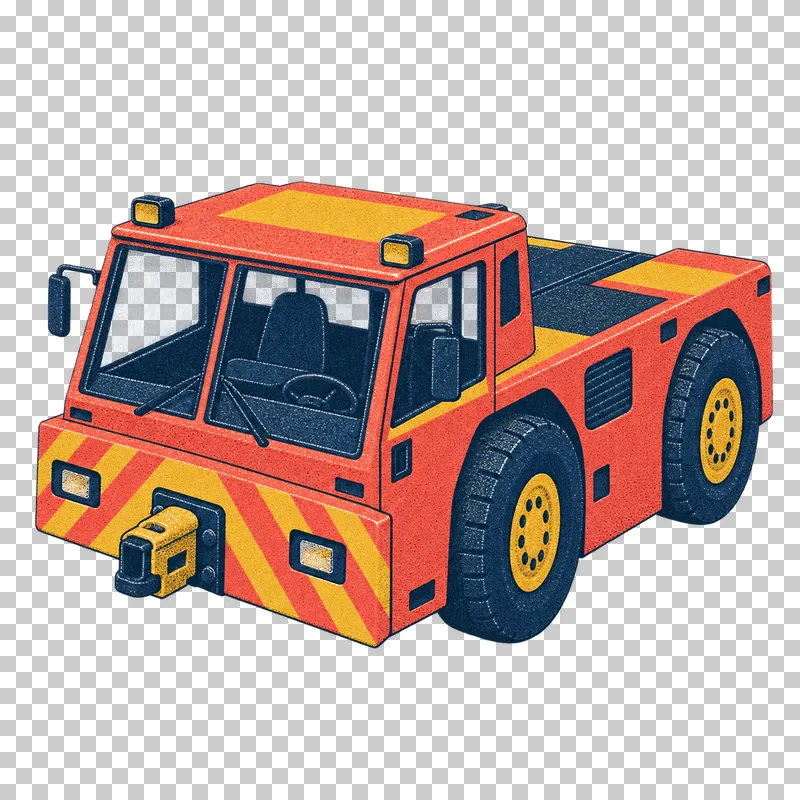 Low-profile aircraft pushback tug in a navy, coral and mustard risograph illustration, viewed from slightly above in three-quarter perspective