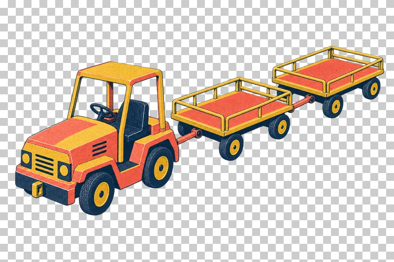 Baggage tractor pulling two trailers in a navy, coral and mustard risograph illustration, viewed from slightly above in three-quarter perspective