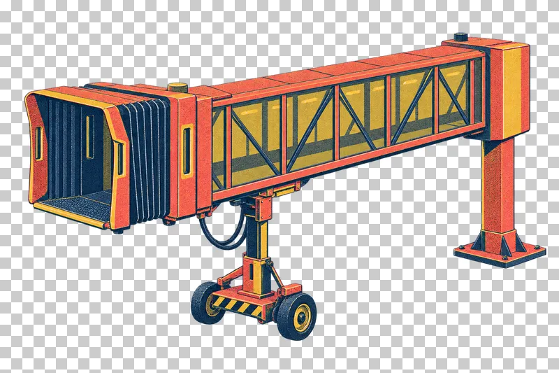 Passenger boarding bridge standing on its own supports in a navy, coral and mustard risograph illustration, viewed from slightly above in three-quarter perspective