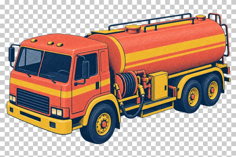 Airport fuel tanker with a cylindrical tank in a navy, coral and mustard risograph illustration, viewed from slightly above in three-quarter perspective