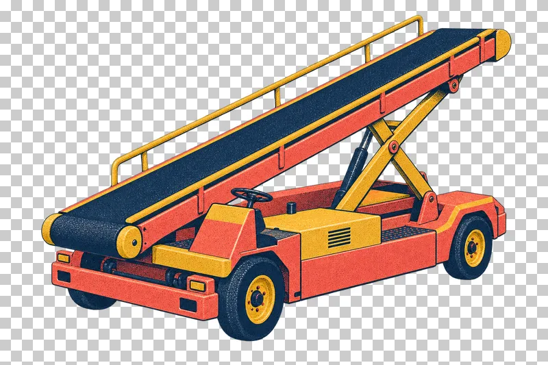 Baggage belt loader with a raised conveyor in a navy, coral and mustard risograph illustration, viewed from slightly above in three-quarter perspective