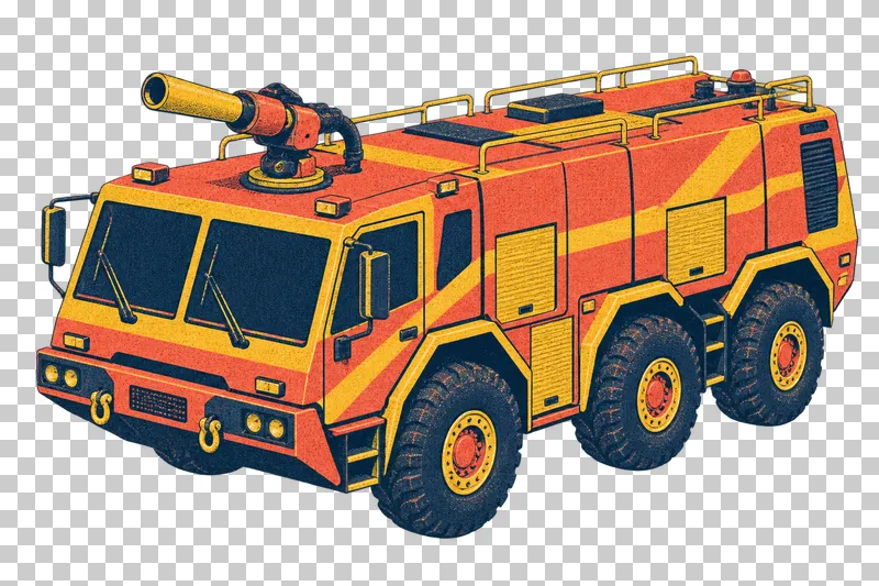 Airport fire truck with a roof-mounted water cannon in a navy, coral and mustard risograph illustration, viewed from slightly above in three-quarter perspective