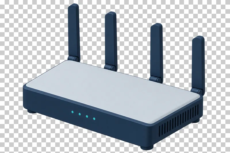 An isometric navy and light gray Wi-Fi router with four upright antennas.