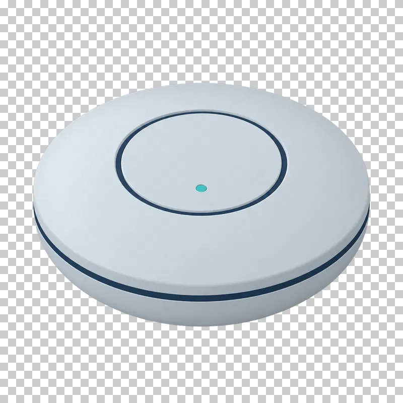 A round light gray ceiling access point with a recessed circular panel and a small turquoise indicator.